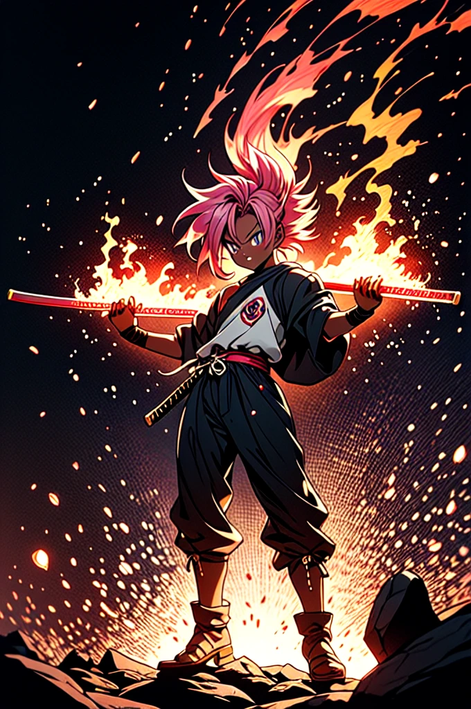 manga style, classical, art by akira toriyama, absurdres,1girl, gradient hair, pink hair, dark skinned,short Knight outfit,swinging a blazing fire katana,full body shot,detail medieval daungon backgroung 