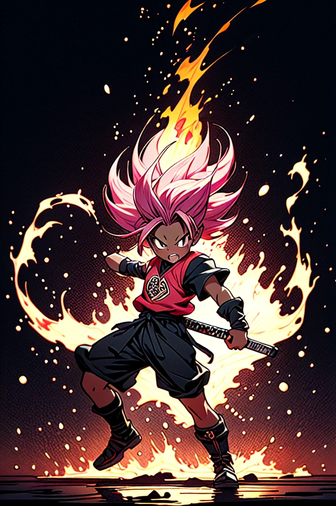 manga style, classical, art by akira toriyama, absurdres,1girl, gradient hair, pink hair, dark skinned,short Knight outfit,swinging a blazing fire katana,full body shot,detail medieval daungon backgroung 