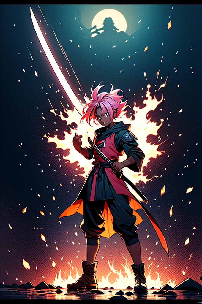 manga style, classical, art by akira toriyama, absurdres,1girl, gradient hair, pink hair, dark skinned,short Knight outfit,swinging a blazing fire katana,full body shot,detail medieval daungon backgroung 