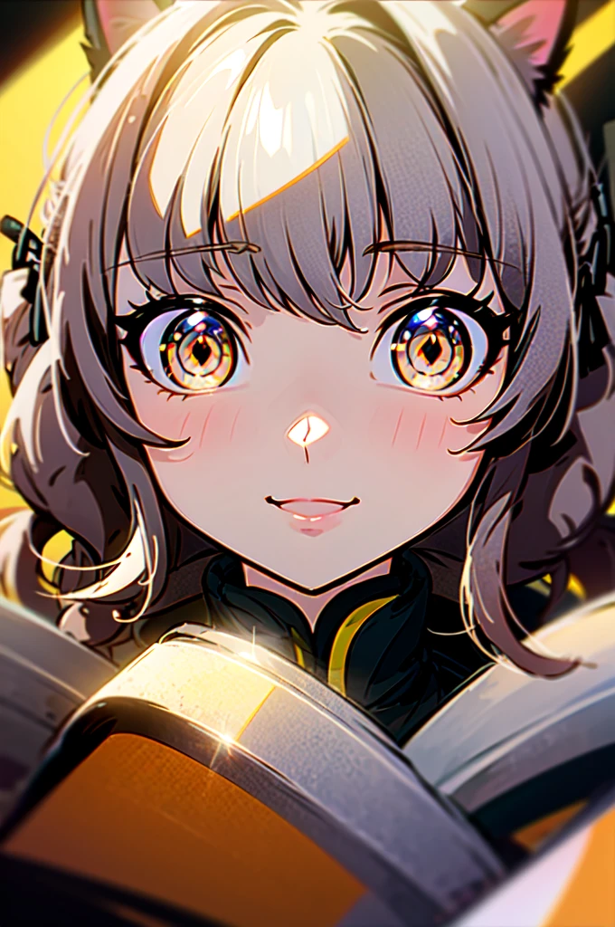 hair over shoulder, wavy hair, hair strand, shiny hair, blonde hair, eye reflection, glowing eyes, slit pupils, amber eyes, cat ears, smile, blush, glint, happy, anime, anime style, En plein air, high detail, cinematic lighting, ray tracing, reflection light, masterpiece, accurate, anatomically correct, super detail, high details, high quality, best quality, highres, 4K