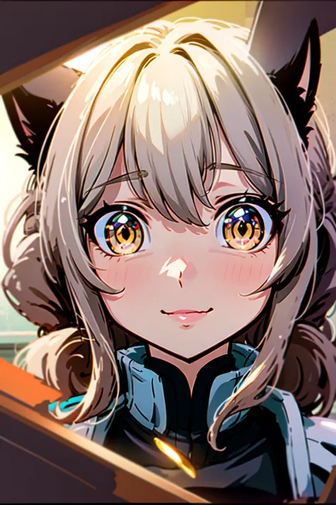 hair over shoulder, wavy hair, hair strand, shiny hair, blonde hair, eye reflection, glowing eyes, slit pupils, amber eyes, cat ...