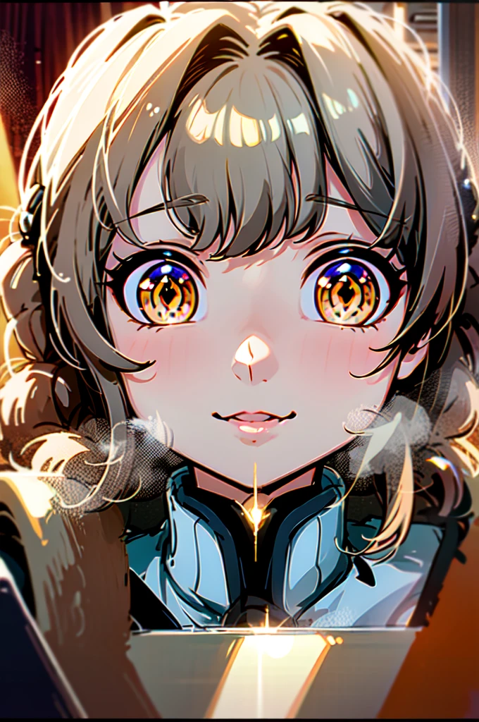 hair over shoulder, wavy hair, hair strand, shiny hair, blonde hair, eye reflection, glowing eyes, slit pupils, amber eyes, cat ears, smile, blush, glint, happy, anime, anime style, En plein air, high detail, cinematic lighting, ray tracing, reflection light, masterpiece, accurate, anatomically correct, super detail, high details, high quality, best quality, highres, 4K