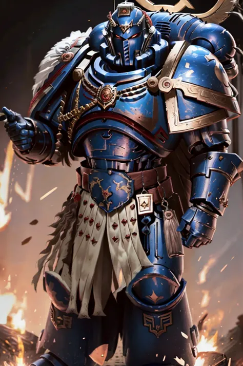 mature adult, illustration, of ultramarine, primaris, power armor, full armor, full metal armor, wearing intricate ornamented me...