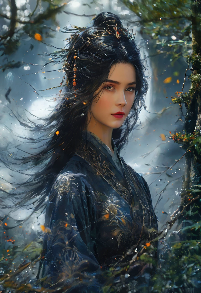 ravena, girl with raven black hair, beautiful detailed eyes, beautiful detailed lips, extremely detailed face and portrait, longeyelashes, elegant, graceful, serene expression, detailed ornate jewelry, intricate fantasy costume, flowing dress, ornate headdress, medieval fantasy setting, lush forest background, sunlight streaming through trees, atmospheric lighting, (best quality,8k,ultra-detailed,realistic,photorealistic:1.37),(masterpiece:1.2),dramatic lighting,volumetric lighting,cinematic composition,oil painting