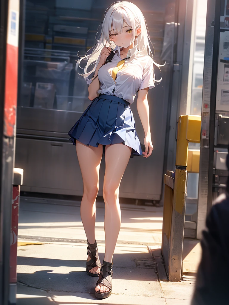 Girl, solo, Full Body, Long hair, white hair, Yellow eyes, sad face, eyes almost closed, Breasts, big Breasts, Large breasts, big Butt, white Button shirt, two Buttons popped out, Tight shirt, Short Skirt, Tiny Skirt, Dark BLUE skirt, tight Skirt, exposing your hands on your chest, in a public walmart