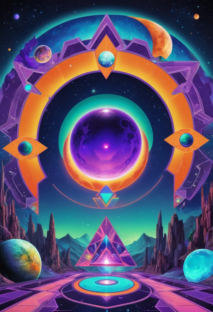 psychedelic out of reality mystical seen from the front, futuristic and geometric technology backdrop, spirit, dmr, md, mdma, thc intergalactic, other planets and mirror effects, colors, purple, green, blue and orange. electronic album cover