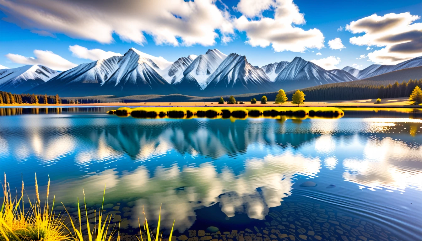meadows, clear lakes,heaven, large clouds, blue sky, HD detail, hyper-detail, cinematic, soft light, deep field focus bokeh, distant view is snowy mountains, (high quality, best quality:1.3)