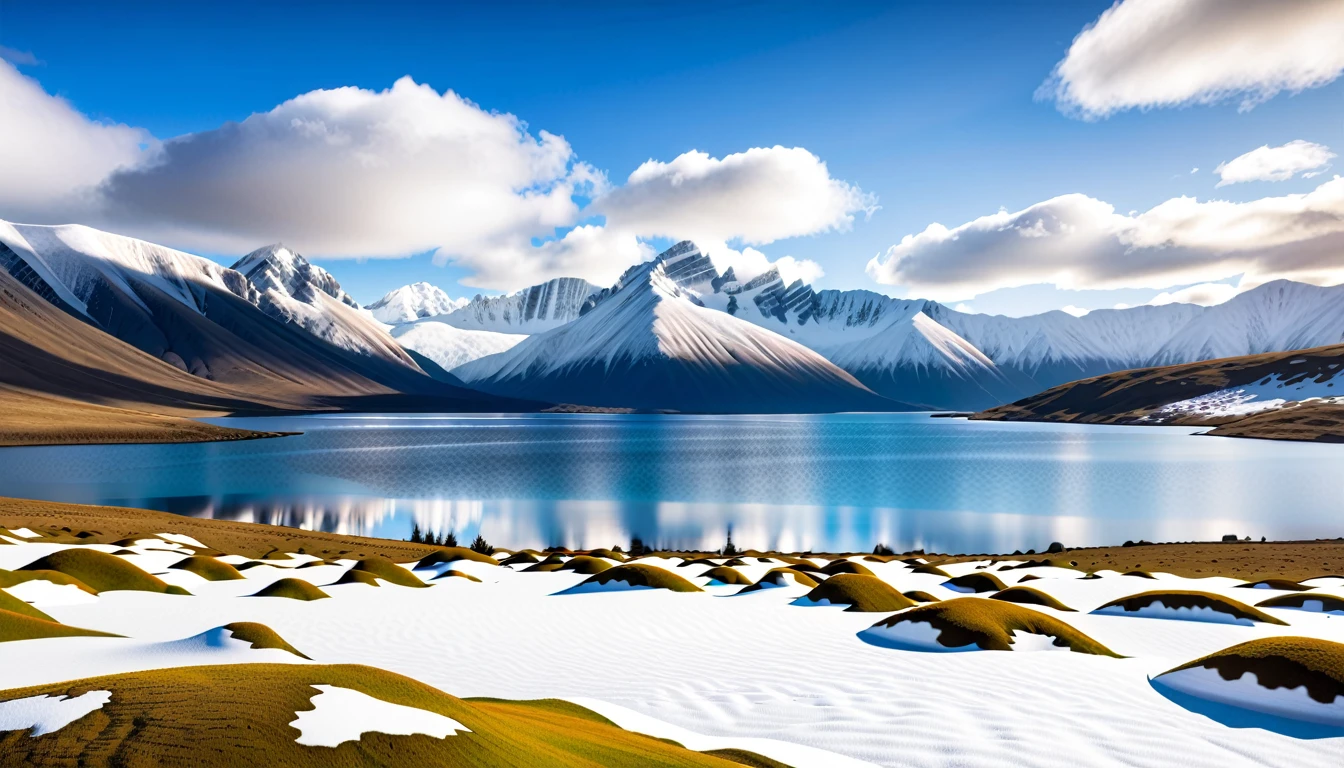 meadows, clear lakes,heaven, large clouds, blue sky, HD detail, hyper-detail, cinematic, soft light, deep field focus bokeh, distant view is snowy mountains, (high quality, best quality:1.3)