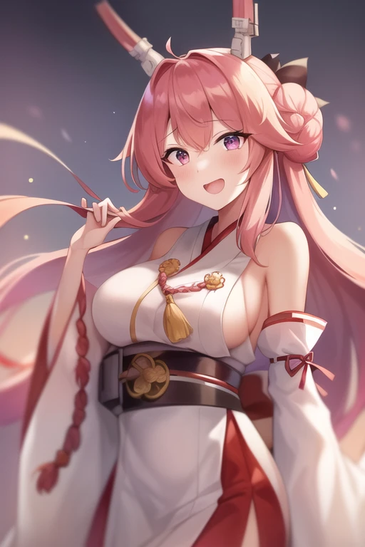 One girl, alone, Long Hair, King Kongu (Kantai Collection),Sakura Miko, Pink Hair, Double Bang, Purple eyes, Hair Bun, Ahoge, Open your mouth, Non-traditional Shrine Maiden, Removable sleeves, Brown eyes, White Background, (headgear):2, (Hair Bunド):2, smile, Sleeves edged with ribbon, Simple Background, kimono, Ribbon trim, View your viewers,  username, Upper Body, Wide sleeves, :d, King Kong