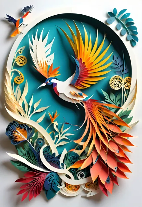 paper cuttings art, the bird of paradise, west papuan native bird, cendrawasih bird, (flat paper cutout，paper art，layered paper ...