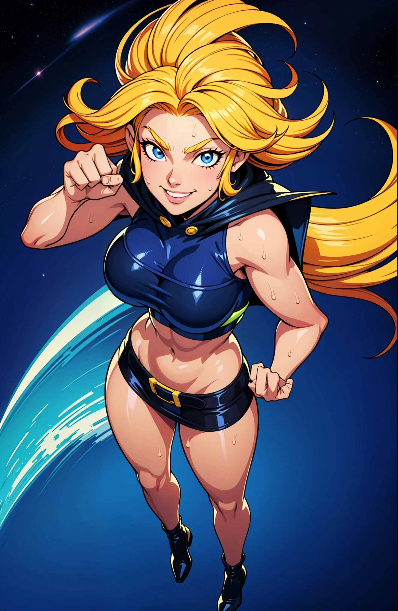 Digital painting of a woman with royal blue and yellow hair, super hero, muscle girl, pose, fist up, ((from above)), 1knee up, Behance Contest Winner, Afrofuturism, Synthwave, neon, glowing neon, sagging massive breasts, mini skirt, cape, sweat, glossy silky skin, smile,  in space, 