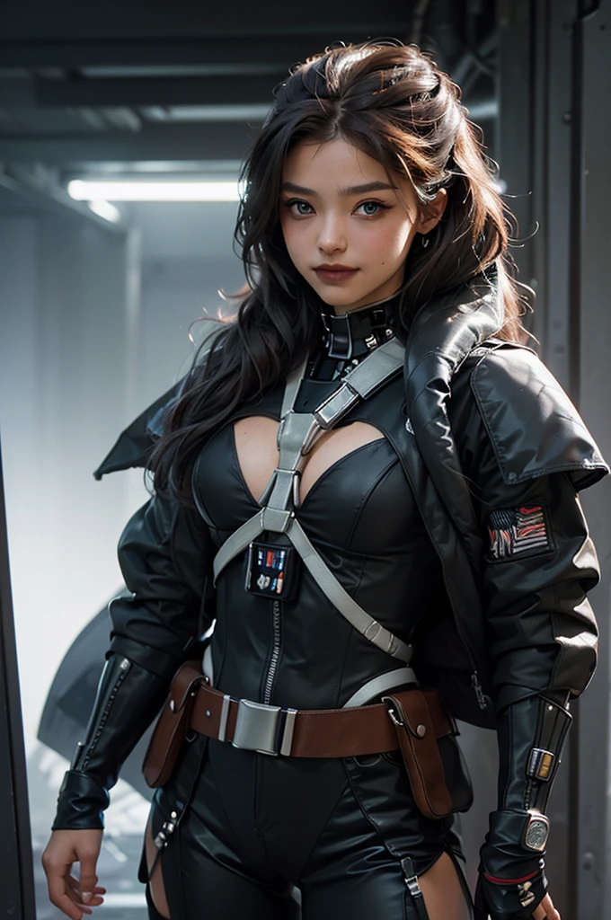 (Highest image quality, outstanding details, ultra-high resolution), 1 girl, (wearing futuristic military outfit), (glamour body:1.2, buffed and muscular body), (a bit chubby:0.5), (futuristic military outfit inspired by Darth Vader from Star Wars, military harness, military gears such as pouches), background military base, mild smile, dynamic pose, dramatic lighting,