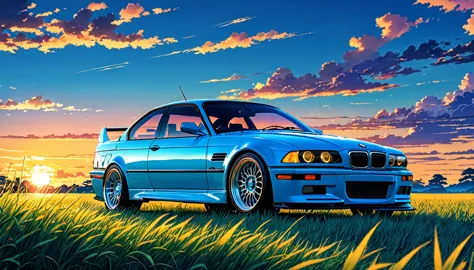 A classic BMW M3 E36 sports car in ABS blue、Anime scenery of a girl sitting in tall grass with a sunset in the background.Beauti...