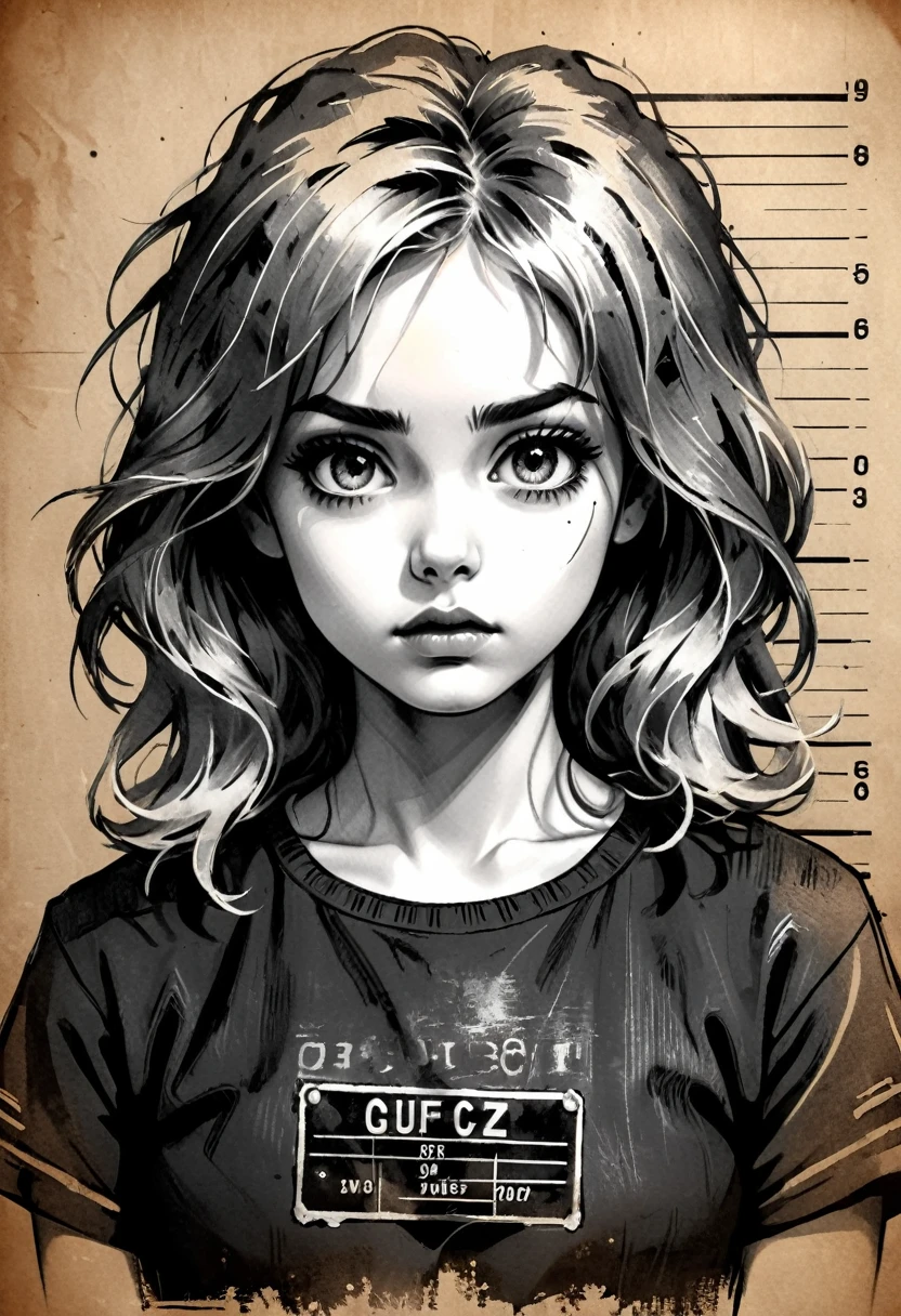 A girl in a mugshot, sketch, black and white, detailed features, cute, vintage style, high contrast lighting, expressive eyes, tousled hair. (best quality, highres, realistic:1.37), vintage, monochrome, intense gaze, dramatic lighting, rugged background, distressed paper texture, retro vibes, id photo, front view