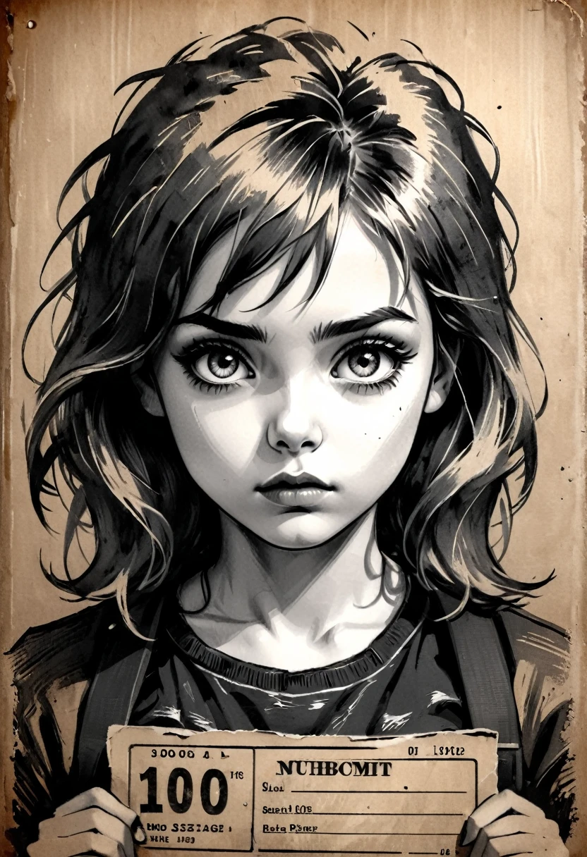 A girl in a mugshot, sketch, black and white, detailed features, cute, vintage style, high contrast lighting, expressive eyes, tousled hair. (best quality, highres, realistic:1.37), vintage, monochrome, intense gaze, dramatic lighting, rugged background, distressed paper texture, retro vibes, id photo, front view