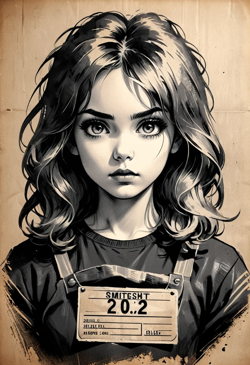 A girl in a mugshot, sketch, black and white, detailed features, cute, vintage style, high contrast lighting, expressive eyes, tousled hair. (best quality, highres, realistic:1.37), vintage, monochrome, intense gaze, dramatic lighting, rugged background, distressed paper texture, retro vibes, id photo, front view