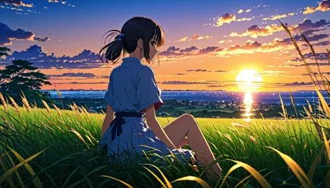 Impreza　S201、Anime scenery of a girl sitting in tall grass with a sunset in the background.Beautiful anime scene, Beautiful anim...