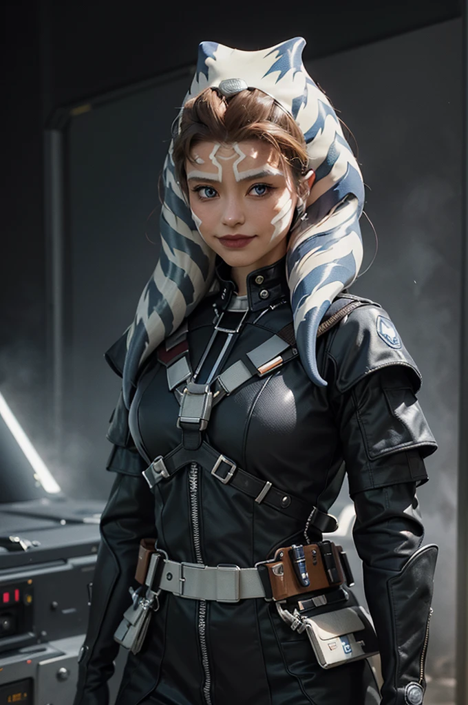 (Highest image quality, outstanding details, ultra-high resolution), 1 girl, (wearing futuristic military outfit), (glamour body:1.2, buffed and muscular body), (a bit chubby:0.5), (futuristic military outfit inspired by Darth Vader from Star Wars, military harness, military gears such as pouches), background military base, mild smile, dynamic pose, dramatic lighting,ahsoka
