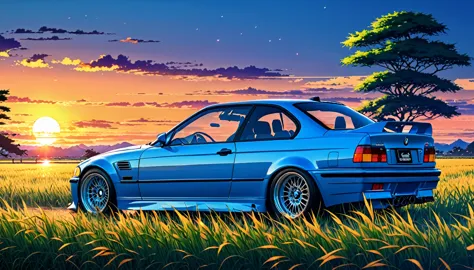 A classic BMW M3 E36 sports car in ABS blue、Anime scenery of a girl sitting in tall grass with a sunset in the background.Beauti...