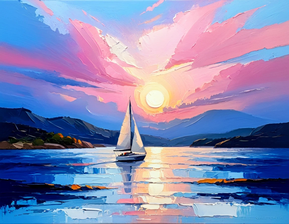 uma pintura a óleo de textura espessa, pinceladas de impasto, escovação a seco,revelando camadas inferiores, composição de tirar o fôlego, lindo brilho do pôr do sol, cena linda e quente, iluminação temperamental, sombras dramáticas, cores terrosas suaves, cores vibrantes, Altamente detalhado, obra de arte, usando uma paleta de rosa claro, azul silenciado, azul acinzentado escuro, brilhante blue, blue shade of emoção, Garantir que os elementos de design sejam equilibrados e harmoniosos. barco a vela，proporção perfeita，superfície do mar，céu azul，brilhante，fundo branco，Real，emoção，tinta texturizada espessa, 