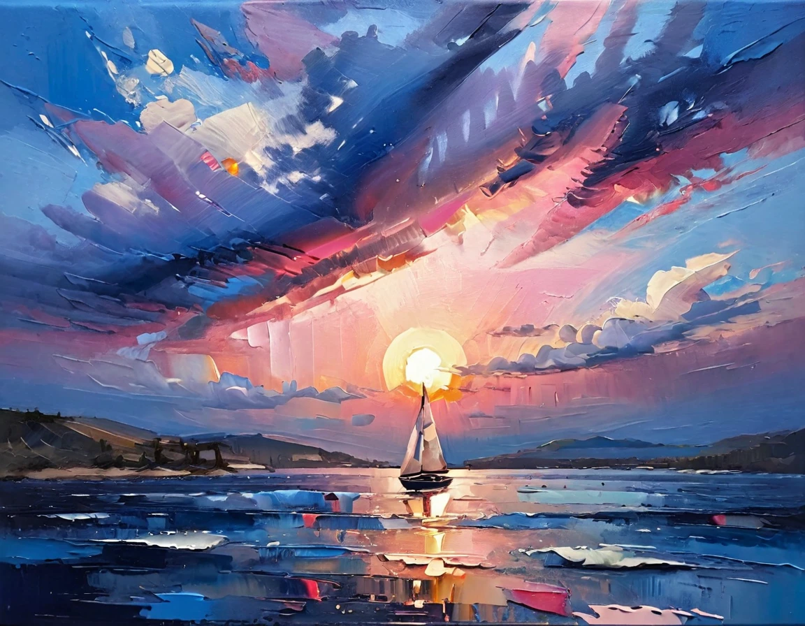 uma pintura a óleo de textura espessa, pinceladas de impasto, escovação a seco,revelando camadas inferiores, composição de tirar o fôlego, lindo brilho do pôr do sol, cena linda e quente, iluminação temperamental, sombras dramáticas, cores terrosas suaves, cores vibrantes, Altamente detalhado, obra de arte, usando uma paleta de rosa claro, azul silenciado, azul acinzentado escuro, brilhante blue, blue shade of emoção, Garantir que os elementos de design sejam equilibrados e harmoniosos. barco a vela，proporção perfeita，superfície do mar，céu azul，brilhante，fundo branco，Real，emoção，tinta texturizada espessa, 