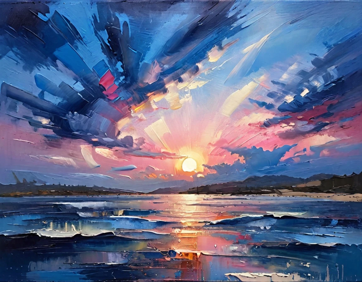 uma pintura a óleo de textura espessa, pinceladas de impasto, escovação a seco,revelando camadas inferiores, composição de tirar o fôlego, lindo brilho do pôr do sol, cena linda e quente, iluminação temperamental, sombras dramáticas, cores terrosas suaves, cores vibrantes, Altamente detalhado, obra de arte, usando uma paleta de rosa claro, azul silenciado, azul acinzentado escuro, brilhante blue, blue shade of emoção, Garantir que os elementos de design sejam equilibrados e harmoniosos. barco a vela，proporção perfeita，superfície do mar，céu azul，brilhante，fundo branco，Real，emoção，tinta texturizada espessa, 