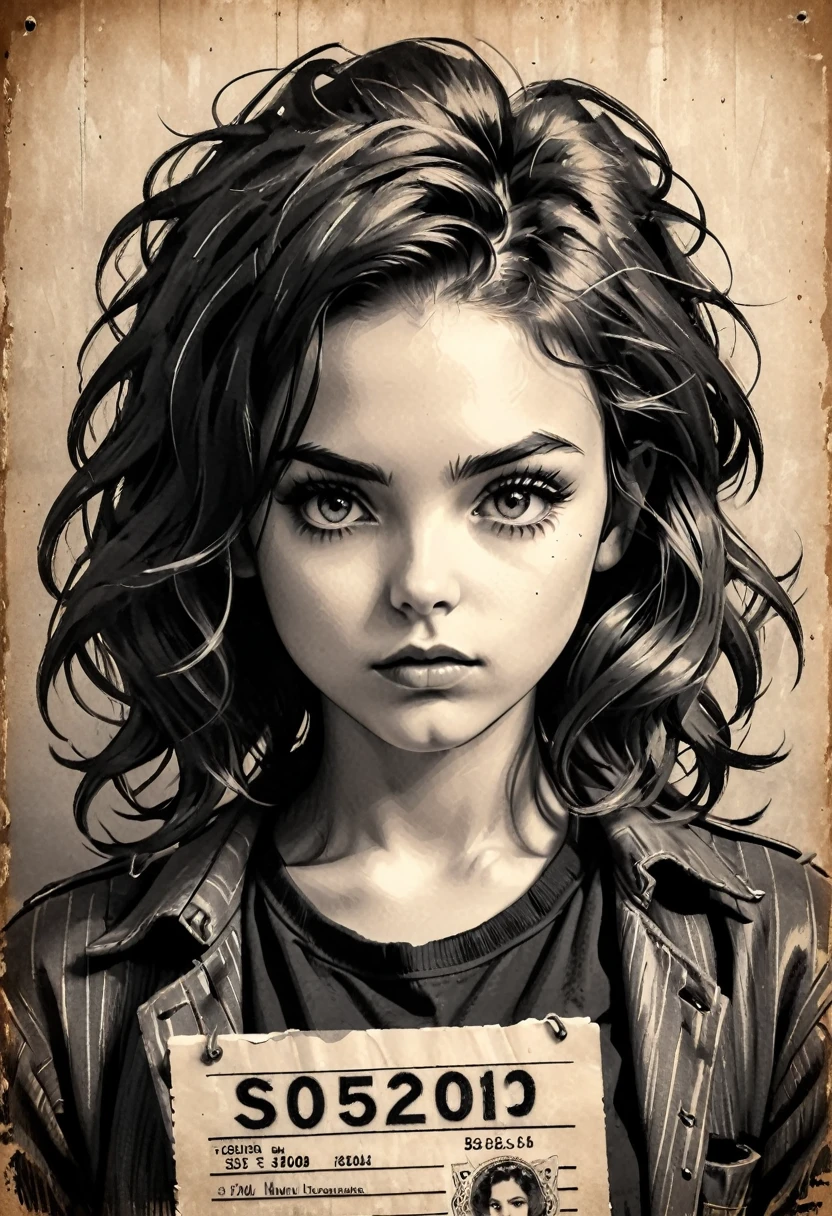 A girl in a mugshot, sketch, black and white, detailed features, cute, vintage style, high contrast lighting, expressive eyes, tousled hair. (best quality, highres, realistic:1.37), vintage, monochrome, intense gaze, dramatic lighting, rugged background, distressed paper texture, retro vibes, id photo, front view