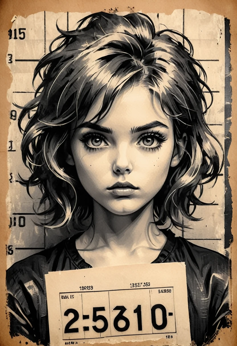 A girl in a mugshot, sketch, black and white, detailed features, cute, vintage style, high contrast lighting, expressive eyes, tousled hair. (best quality, highres, realistic:1.37), vintage, monochrome, intense gaze, dramatic lighting, rugged background, distressed paper texture, retro vibes, id photo, front view