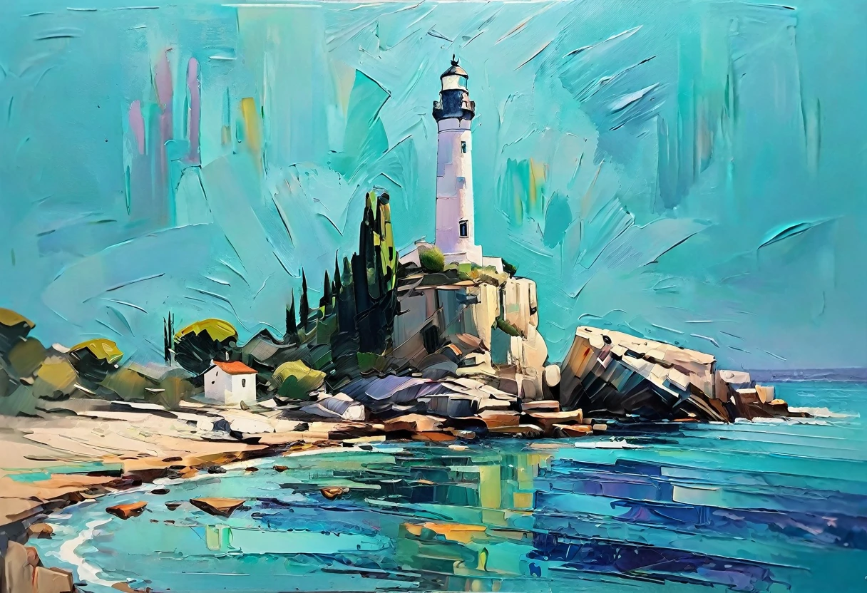 a thick textured oil painting, impasto brushstrokes, dry brushing,revealing underlayers, breathtaking composition, Create an art deco inspired illustration of A scenic lighthouse perched on a rocky coastline, overlooking the turquoise waters of Cala Ratjada. Include vibrant pastel colors, sleek lines, and a retro summer atmosphere. The style should be reminiscent of vintage travel posters with a modern twist, a thick textured oil painting, impasto brushstrokes, dry brushing,revealing underlayers, breathtaking composition