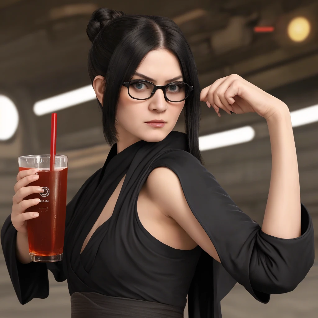 Create a imagem white woman, black round glasses, black hair chanel cut, black futuristic kimono,blue eyes, 
"FULL BODY"
star wars style 
she's in a urethane city coruscant planet star wars 
she has a face crazy and expression of boredom
with her third arm she is having a drink and realistic image, she has her back
she has 2 katanas on her back
