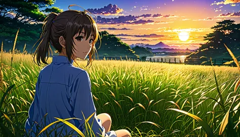 Subaru　GC8　Impreza　S201、Anime scenery of a girl sitting in tall grass with a sunset in the background.Beautiful anime scene, Bea...