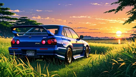 Subaru　GC8　Impreza、Anime scenery of a girl sitting in tall grass with a sunset in the background.Beautiful anime scene, Beautifu...
