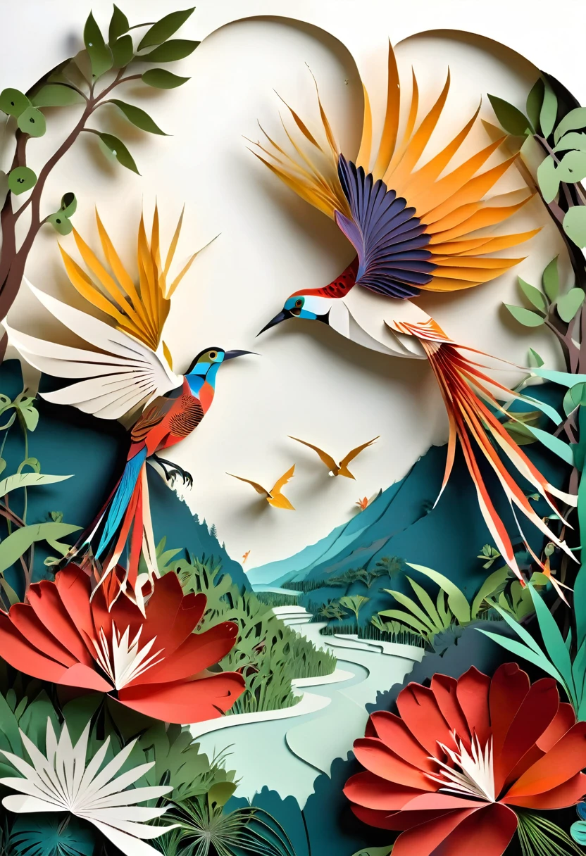 paper cuttings art, the bird of paradise, west papuan native bird, cendrawasih bird, west papua map in paper cutout style, small honais in the hills, (Flat paper cutout，paper art，layered paper artpaper quilling, digital art), Against a pure white background, vector illustration, papercut style, layers, high quality image, coffee trees as a borders, background, nature