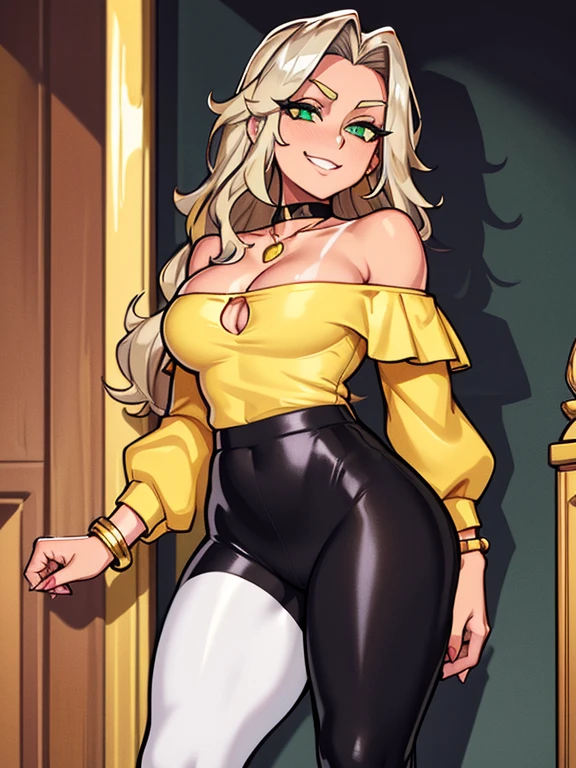 (4K quality), masterpiece, beautiful mature woman, she's 36s year old, standing at approximately 5'1" tall, has neck-length hair, her hair is golden blonde, wavy hair, has tan-olive skin, green eyes, she's looking at he camera with a thrilled smile, teeth, ((slim, petite)), her breasts are medium sized, cleavage, ((Is wearing a yellow off-shoulder shirt, shiny black leggings, emerald necklace, silver bracelets and white sneakers)), is wearing pink makeup, is wearing red lipstick, she's holding a cell phone
