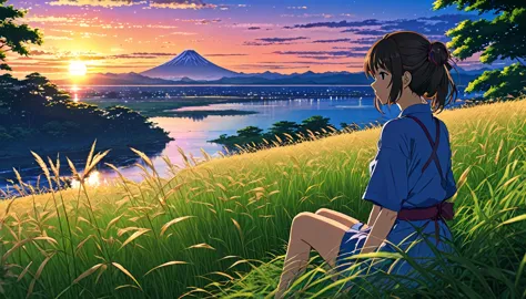 Subaru　GC8　Impreza　S201　but、Anime scenery of a girl sitting in tall grass with a sunset in the background.Beautiful anime scene,...