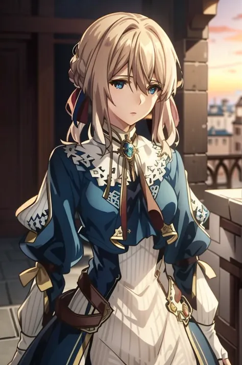 A woman in a blue dress is standing on a balcony holding a sword, Violet Evergarden, , , Small curves , Artoria Pendragon, Granb...