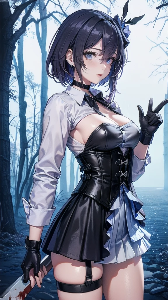 ((blood droplets)), ((blood)), ((blood splatter)), ((blood on clothes)), ((blood stain)), Masterpiece, Beautiful art, professional artist, 8k, Very detailed face, Detailed clothing, detailed fabric, 1 girl, Soul Fullness \(Honkai Impact 3rd\), front view, standing, BIG BREASTS, perfectly drawn body, shy expression, pale skin, beautiful face, short dark blue hair, 4k eyes, very detailed eyes, pink cheeks, choker:1.6, (white long sleeve button down shirt with white collar), black gloves, gloves that cover hands, (holds an ax with his right hand), (black leather corset), (shiny black tight mini skirt), Sensual Lips , winter night, show details in the eyes, looking at the viewer, dark forest, Atmosphere, fog, At night