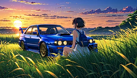 Subaru　GC8　Impreza　STI　S201　but、Anime scenery of a girl sitting in tall grass with a sunset in the background.Beautiful anime sc...