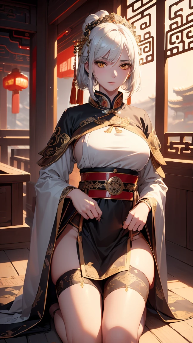 A very beautiful 19 year old woman, ((white  hair: 0,8)), bob haircut, shorth hair, ((yellow  eyes:1,2)) ((Glowing gold Eyes,)) red nails, young and beautiful face, brawny, slim body, but well proportioned, perfect white skin, high detailed drawing, lifelike face. (((Wearing traditional Chinese imperial clothing, black with gold decorations:0,8))) ((black clothes with gold details:0,3)) ((black cloak with golden decorations:0,3)) ((black dress with gold details,)) (((red skirt with gold details:1,2))) ((with red Hanafuda earrings:0,8)) ((black garter belt with thigh high stockings:0,3)) Kneeling on a white bed in an ancient Chinese room, with full moon and stars visible through the window at night, with flashes of light reflecting off your body. 4k anime art, perfect lighting.