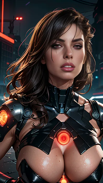 (best quality,ultra-detailed,realistic:1.37),woman cyborg,red eyes,evil,anime,huge ,sleek metallic body,expressionless face,glow...