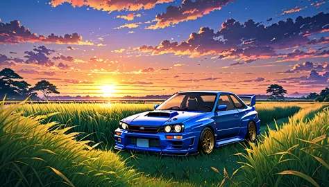 Subaru　GC8　Impreza　STI　S201　but、Anime scenery of a girl sitting in tall grass with a sunset in the background.Beautiful anime sc...