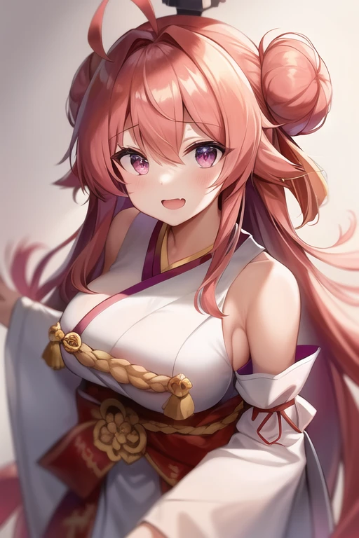 One girl, alone, Long Hair, King Kongu (Kantai Collection),Sakura Miko, Pink Hair, Double Bang, Purple eyes, Hair Bun, Ahoge, Open your mouth, Non-traditional Shrine Maiden, Removable sleeves, Brown eyes, White Background, (headgear):2, (Hair Bunド):2, smile, Sleeves edged with ribbon, Simple Background, kimono, Ribbon trim, View your viewers,  username, Upper Body, Wide sleeves, :d, King Kong