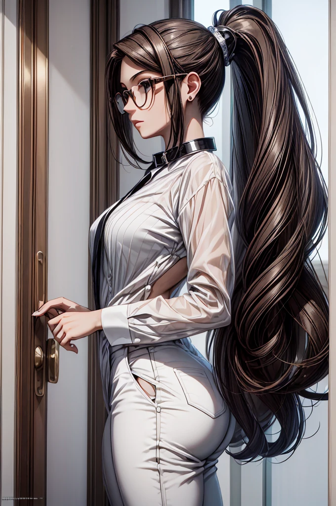 (masterpiece, best quality:1.2), detailed face, detailed eyes, elegant woman, long hair, high heeled, shiny skin, welcomes you at the door, dress shirt, pants, random collar, ponytail hair, cool attitude, cool glasses, exciting, cool, (perfect hands:1)