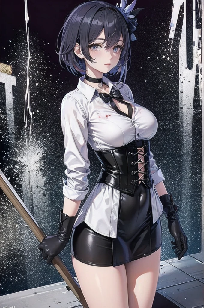 ((blood droplets)), ((blood)), ((blood splatter)), ((blood on clothes)), ((blood stain)), Masterpiece, Beautiful art, professional artist, 8k, Very detailed face, Detailed clothing, detailed fabric, 1 girl, Soul Fullness \(Honkai Impact 3rd\), front view, kneeling, BIG BREASTS, perfectly drawn body, shy expression, pale skin, beautiful face, short dark blue hair, 4k eyes, very detailed eyes, pink cheeks, choker:1.6, (white long sleeve button down shirt with white collar), black gloves, gloves that cover hands, (holds an ax with his right hand), (black leather corset), (shiny black tight mini skirt), Sensual Lips , winter night, show details in the eyes, looking at the viewer, dark forest, Atmosphere, fog, At night
