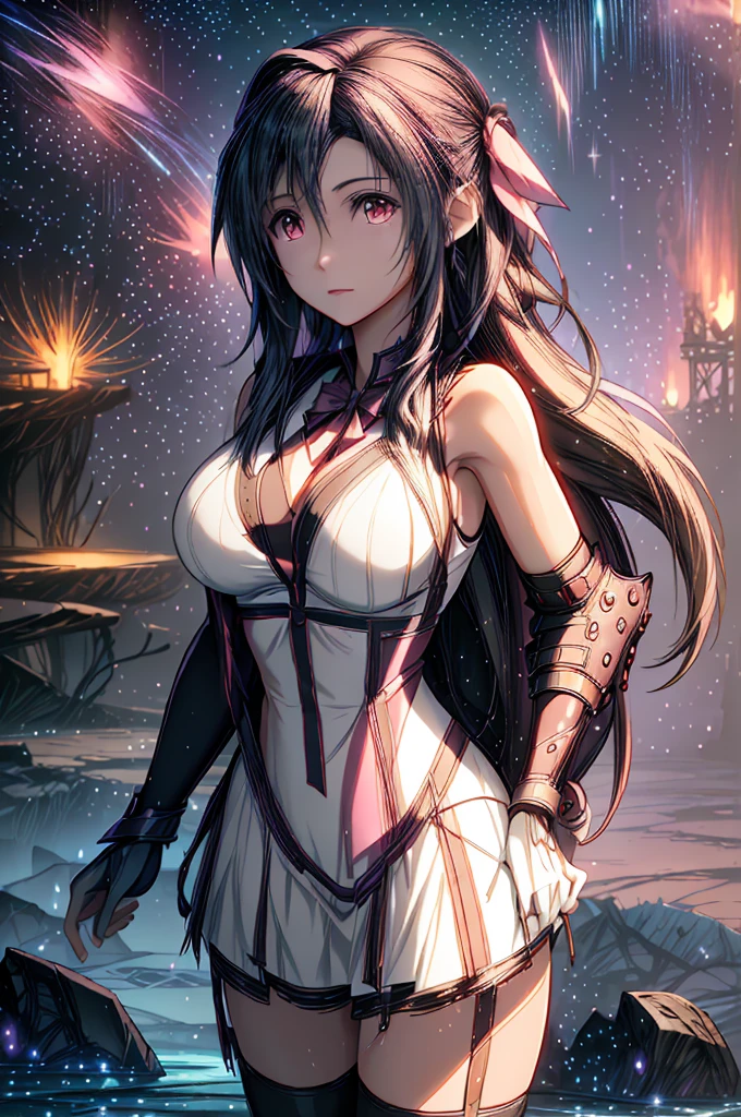 (8K HDR photorealistic pic:1.2), Tifa Lockhart, muscular, athletic, cheerful, toned body, (massive breasts), hourglass figure, fighter, long dark hair tied with ribbon at the end, ((Aerith costume, white dress, pink jacket)), seductive, red eyes, soft shadows, (masterpiece), Starry Sky with Mountains and Lake, Inspired by Jessica Rossier, Jessica Rossier Fantasy Art, Concept Art Magic Highlights, Official Artwork, ((hyperrealistic)), Ethereal Realm, Atmospheric artwork, dreamy matte paintings, serene endless stars inspired by Ted Nasmith, moonlit starry environments, epic music album covers.