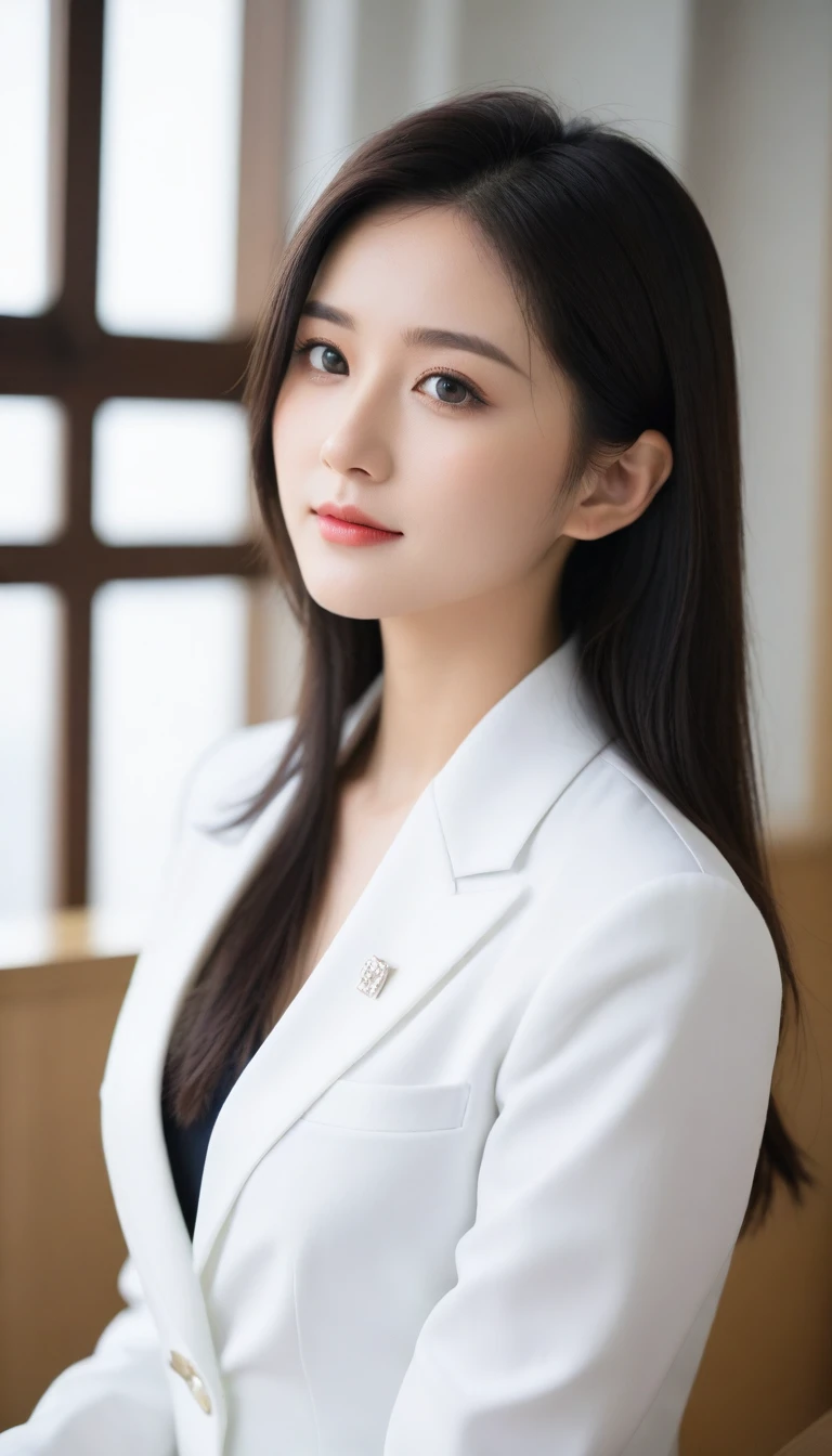 8k, Ultra-high resolution, Highest quality, masterpiece, Rule of thirds photograph,surreal, photograph, 1 Girl,ld:1.3), pretty girl, Cute face, Beautiful eyes in every detail, Detailed,masterpiece,One Girl:1.2, Japan Female Announcer,Tabletop,Glare,Black Hair,Slicked back hair,Blazer Uniform,White collared blouse,The chest buttons are open,Sharp focus、Perfect dynamic composition、Beautiful and detailed、Thin Hair、Realistic skin texture with attention to detail、smile、Close-up portrait、Model Body Type,Looking at the audience、beauty,Long neck、(((Ideal body type))),A-cup small breasts :2,、Portraiture:2、Perfect Anatomy、detailed、detailed、surreal、Light and shadow,Strong light