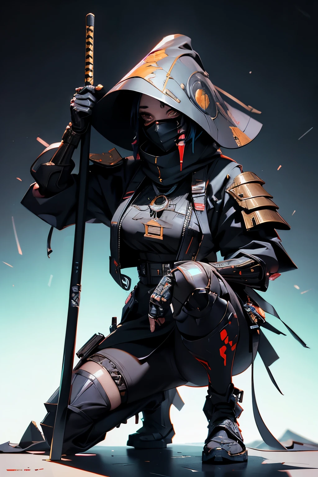 A nomadic robot, in the desert, wearing a disheveled shawl, holding a staff, wearing a large metal hat, rough, rusty, dusty body, thin frame, tall, cyberpunk, Cyborg., Session surreal version of a woman kneeling down on one leg holding a sword in her hand, very beautiful cyberpunk samurai, anime cyberpunk art, cyberpunk samurai, cyberpunk anime art, cyberpunk anime, cgsociety 9, technical cyberpunk anime art number, style of maciej kuciara.1girl, samurai armor, devil mask helmet, intricate, detailed ornaments, cool colors, metallic, Egyptian details, extremely intricate details, luster realistic lighting, trends in cgs society, glowing eyes, facing camera, neon details, surreal details, full body portrait, Japanese atmosphere, global illumination, shadows, rendering octane, 8k, super sharp. cool lolita.