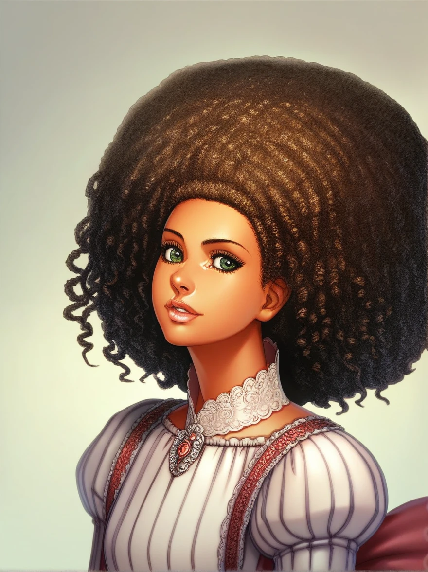 A girl, wavy_Hair, afro_Hair, negro_Hair, long_Hair, hits, beautiful_face, detailed_face, parts, Tilted_eyes, Delgado_face, green_eyes, red_dress, Princess_dress, neckline, victorian_dress,