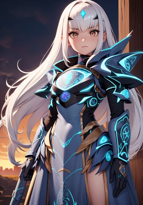 Melusina, Melusina, (Brown eyes:1.5), long hair, White hair, side locks, (small chest:1.2),
Armor BREAK, dress blindado, dress n...