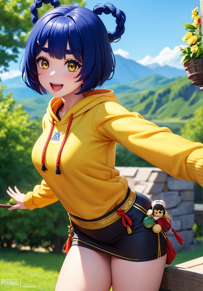 Masterpiece, Best Quality, 1 girl, Xiangling (genshin impact), selfie, SMILE, hair ornament, IN, looking at the viewer, yellow eyes, short hair, :d, fringe, hair pin, Open mouth, long sleeves, thick eyebrows, Hoodie, >_<, blue hair, puesta de sun, Casual, blurred, Arm raised, fringe romo, Upper part of the body, suno, disfraz alternatiINo, sun, reaching the viewer, Xd, sweater, outdoor, braid, panda, mountain, depth of field, sky